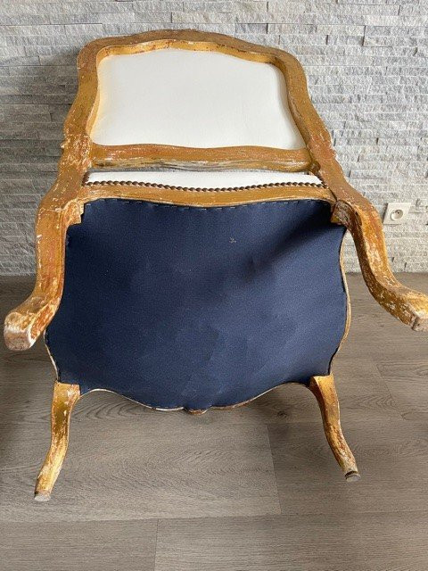 Fauteuil Cuir Blanc Louis XV Bois Doré XIX ème