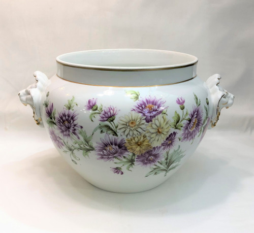 Vecchio grande cachepot in porcellana LIMOGES con decoro stampato D & C firmato M. PEQUART