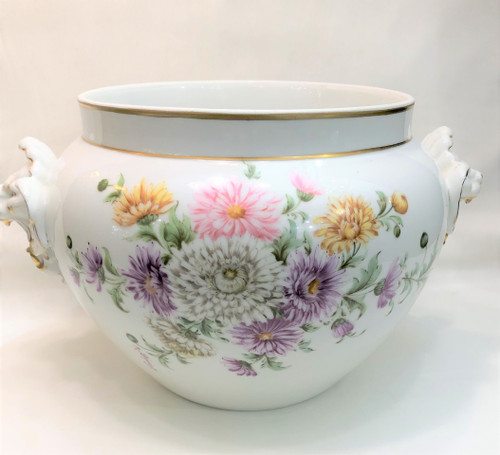 Vecchio grande cachepot in porcellana LIMOGES con decoro stampato D & C firmato M. PEQUART