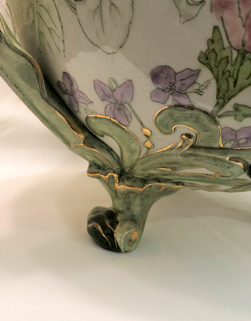 Ancien grand cache pot tripode d'époque ART NOUVEAU signé KG LUNEVILLE