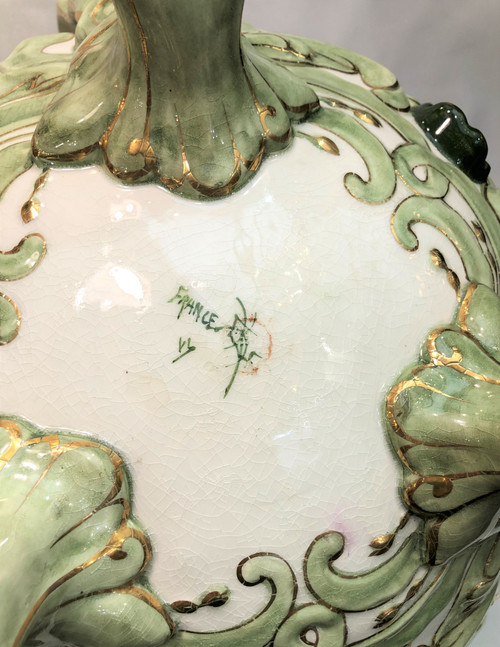Ancien grand cache pot tripode d'époque ART NOUVEAU signé KG LUNEVILLE