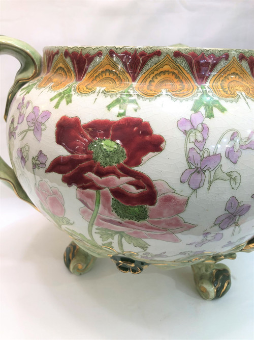 Ancien grand cache pot tripode d'époque ART NOUVEAU signé KG LUNEVILLE