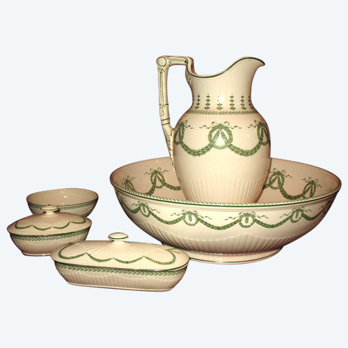 Sarreguemines earthenware toilet service, 19th century Louis XVI style, laurel decoration