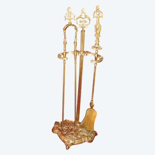 Bronze servant fireplace set with shovel and tweezers, 19th century