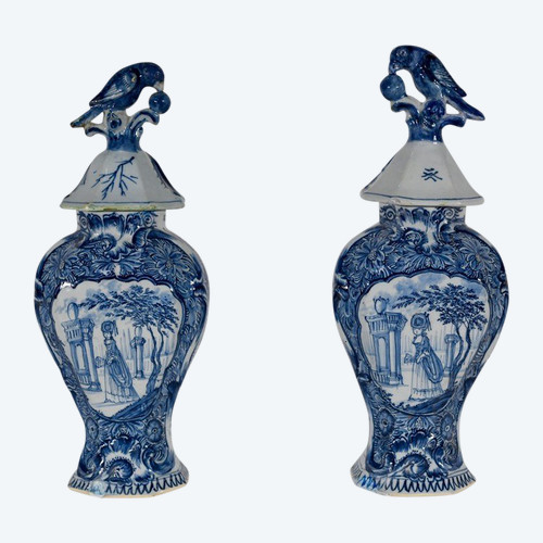 Pair of Earthenware Lidded Vases, Delft Style - Mid-19th Century