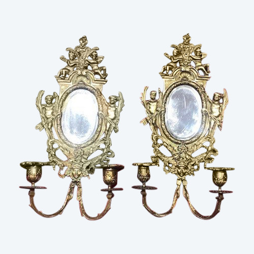 Pair of Wall Sconces Louis XVI 2 Lights Bronze Napoleon III XIX Eme