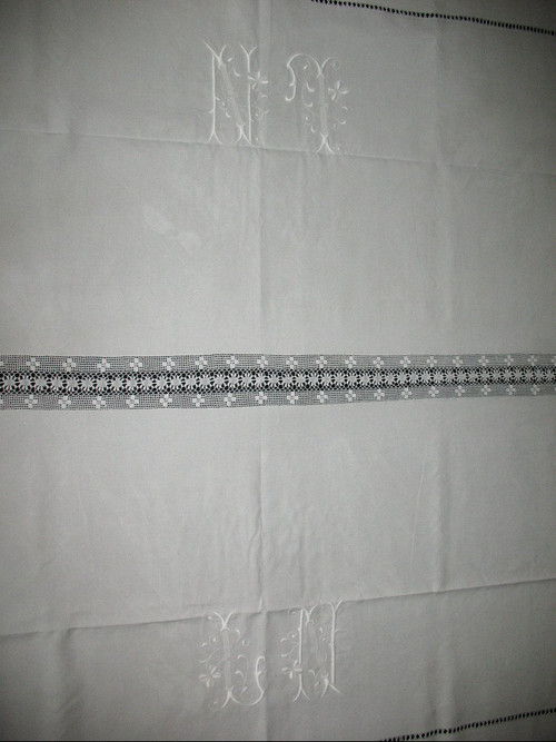 Large royalist tablecloth decorated with embroidered fleur-de-lys, late 19th century