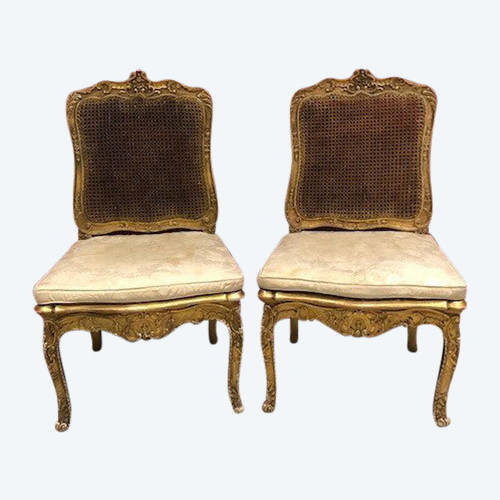 Pair Of Louis XV Chairs And Armchairs In Gilded Wood From The 19th Century