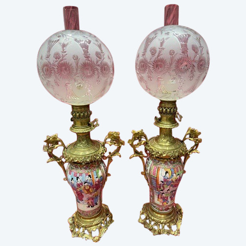 Pair Of Large Gilded Bronze Lamp Canton Porcelain 19th C