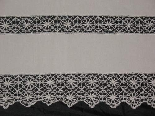 Wedding yarn sheet with bobbin lace return early 20th century initials IC