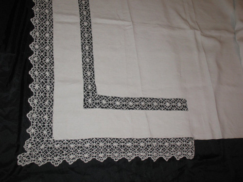 Wedding yarn sheet with bobbin lace return early 20th century initials IC