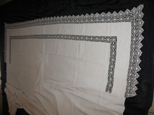 Wedding yarn sheet with bobbin lace return early 20th century initials IC