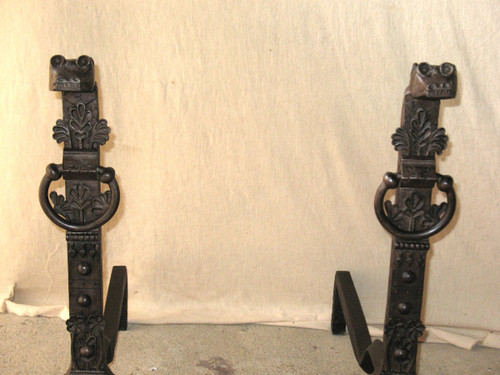 Pair of fireplace landier andirons decorated with fantastic animals, 20th century