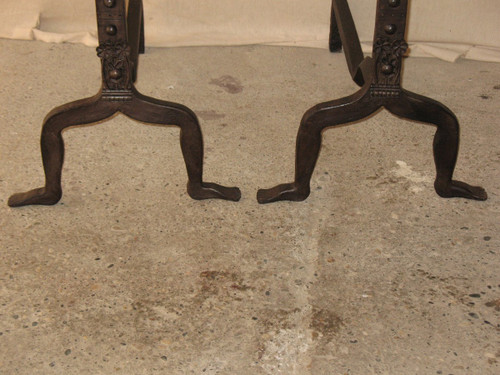 Pair of fireplace landier andirons decorated with fantastic animals, 20th century