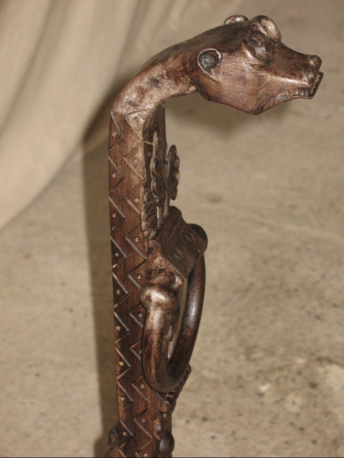 Pair of fireplace landier andirons decorated with fantastic animals, 20th century