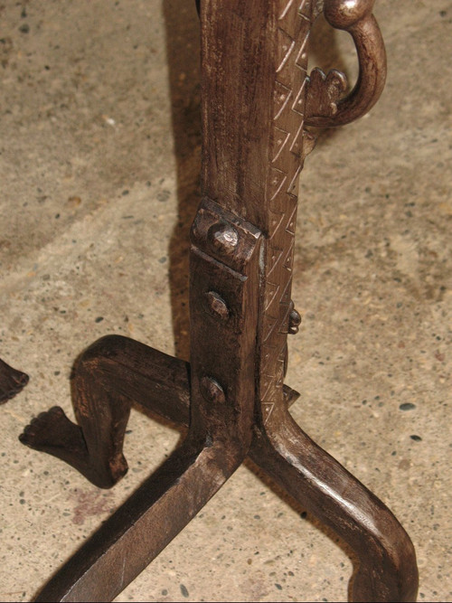 Pair of fireplace landier andirons decorated with fantastic animals, 20th century