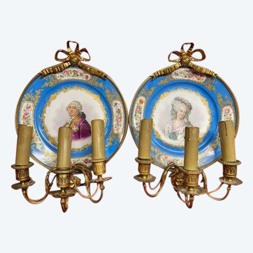 Pair of Gilded Bronze Porcelaine De Sevres Wall Sconces 19th C