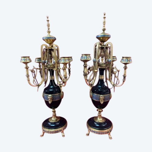 Pair Of Candlesticks Gilded Bronze Enamels Cloisonné Ferdinand BARBEDIENNE And Louis Constant SEVIN