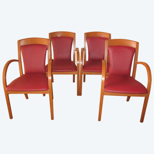 Set of 4 designer bridge armchairs from the 50s and 60s in honey-stained curved beech