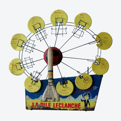 Présentoir publicitaire de magasin la pile Leclanché en tôle lithographiée  publicité années 50-60
