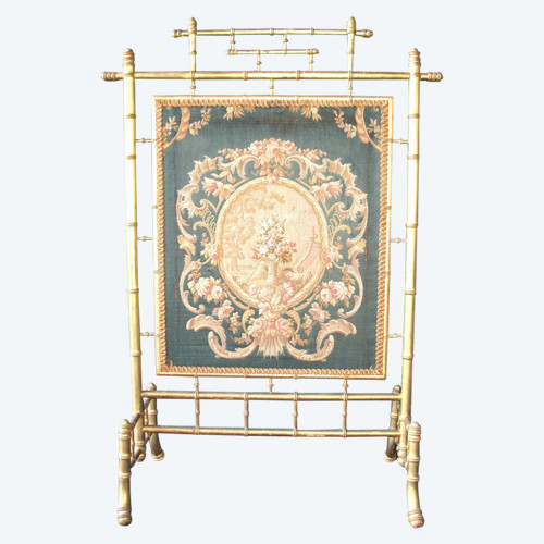 Fire screen fireplace screen spark guard in gilded wood bamboo style 19th century