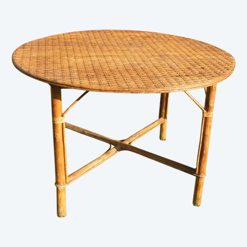 Grande table de jardin en rotin époque milieu 20ème