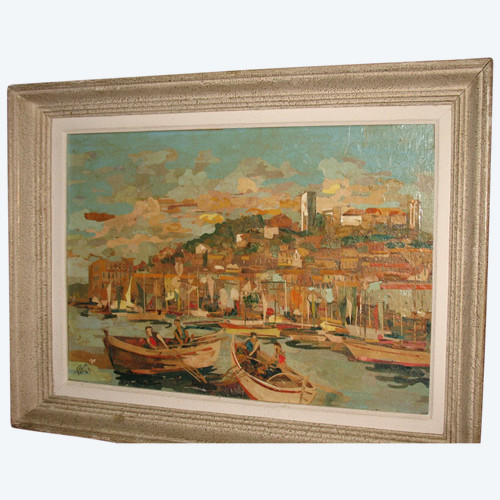 View of the port of Cannes collage on isorel, 20th century