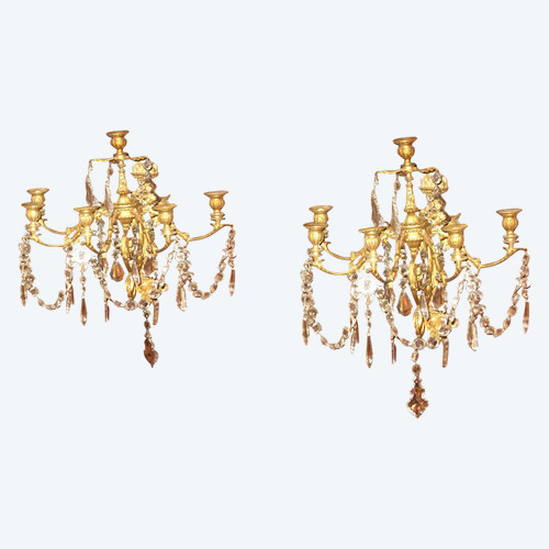 Paire d'appliques en bronze doré et pampilles à 6 lumières de style Louis XVI époque 19ème