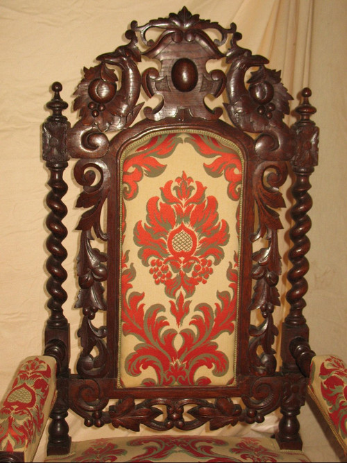 Suite di 6 sedute in stile rinascimentale in rovere intagliato del XIX secolo