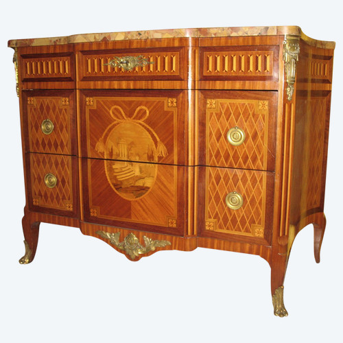 Transition style marquetry chest of drawers with curved sides stamped Giblin 19th century