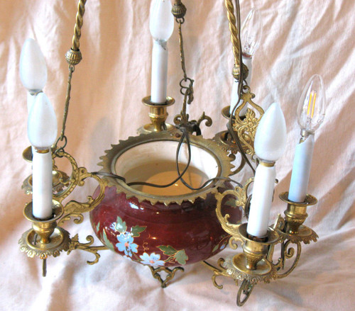 Hanging chandelier in earthenware and gilt bronze with 6 lights 19th century