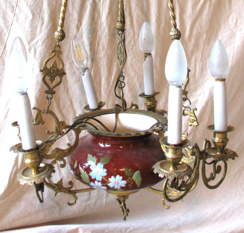 Hanging chandelier in earthenware and gilt bronze with 6 lights 19th century