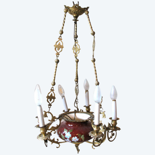 Hanging chandelier in earthenware and gilt bronze with 6 lights 19th century