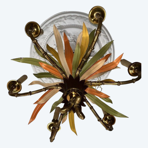 Maison BAGUES, bamboo chandelier in brass, bronze and vintage polychrome metal