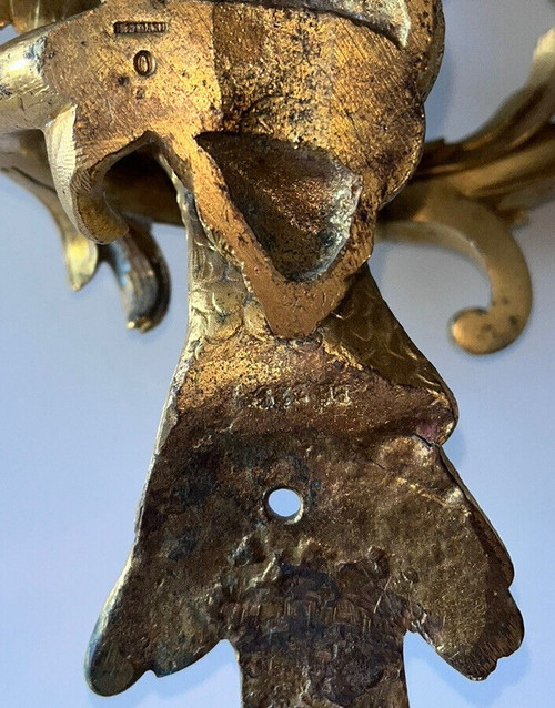 C.Cressent (1685-1768) o Maison BAGUES. Lampada da parete con pappagallo in bronzo dorato
