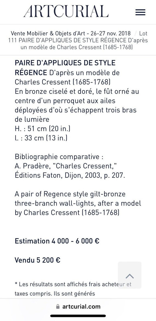 C.Cressent (1685-1768) o Maison BAGUES. Lampada da parete con pappagallo in bronzo dorato