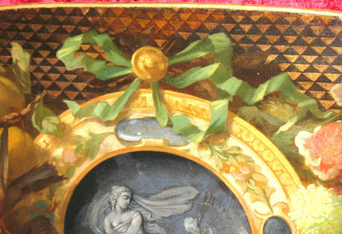 Large oil on canvas from the 18th century with central medallion in grisaille and frame with flowers and fruits