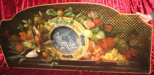 Large oil on canvas from the 18th century with central medallion in grisaille and frame with flowers and fruits