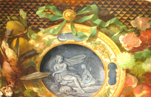 Large oil on canvas from the 18th century with central medallion in grisaille and frame with flowers and fruits