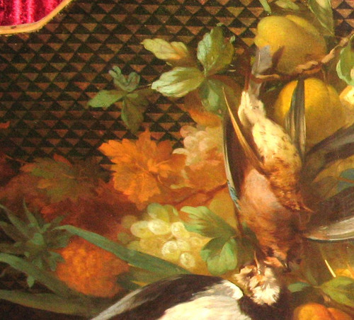 Large oil on canvas from the 18th century with central medallion in grisaille and frame with flowers and fruits