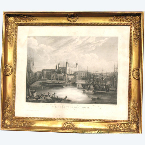 19th century Empire style gilt frame with engraving View of the Tower of London