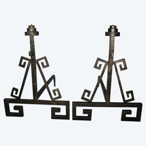 Pair of wrought iron andirons from the Art Deco period