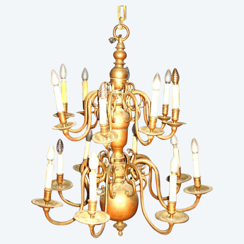 Grande lampadario olandese in bronzo e ottone dell'inizio del XIX secolo con 16 bracci di luce