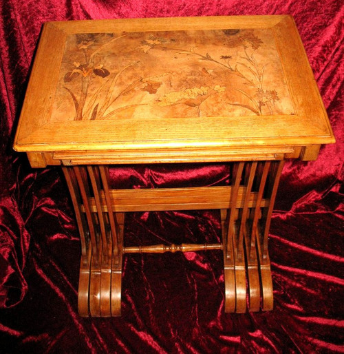 Nesting tables with iris decorations Ecole de Nancy in the taste of Gallé Art Nouveau period