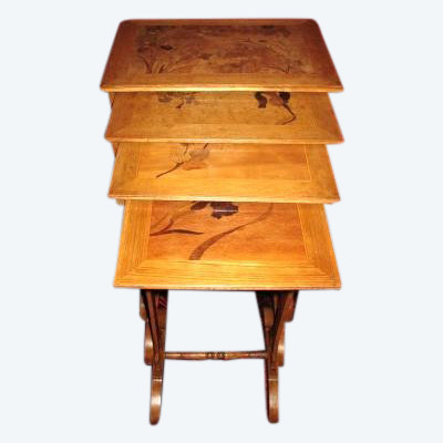 Nesting tables with iris decorations Ecole de Nancy in the taste of Gallé Art Nouveau period