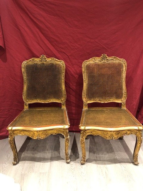 Paire De Chaises Fauteuils Louis XV En Bois Doré Du XIX ème