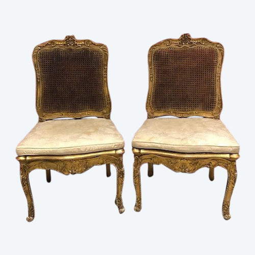 Paire De Chaises Fauteuils Louis XV En Bois Doré Du XIX ème