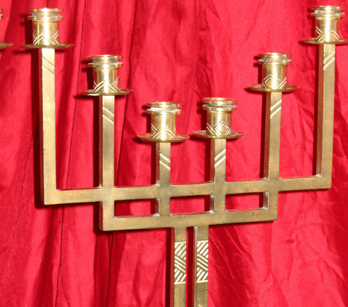 Pair of candlesticks Menora shape in bronze Art Deco period with 6 branches