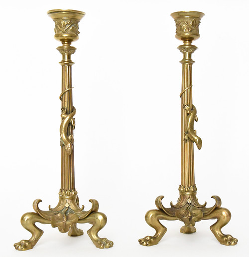 Pair of gilt bronze candlesticks decorated with lizards