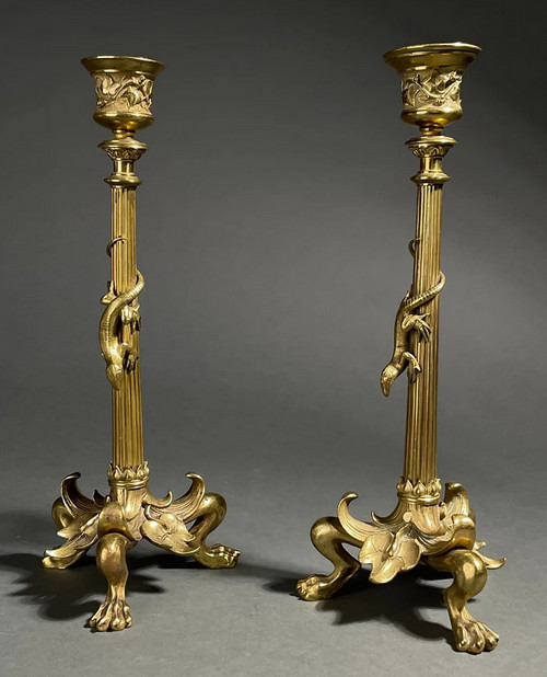 Pair of gilt bronze candlesticks decorated with lizards
